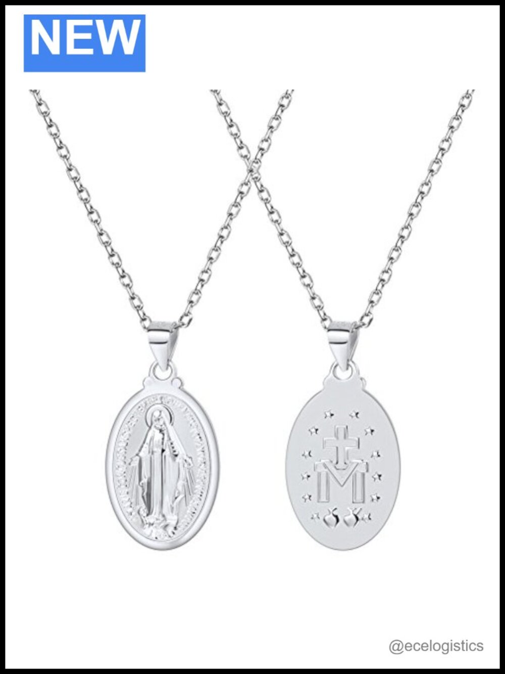 Sterling Silver Virgin Mary Miraculous Medal Oval Pendant Necklace Catholic